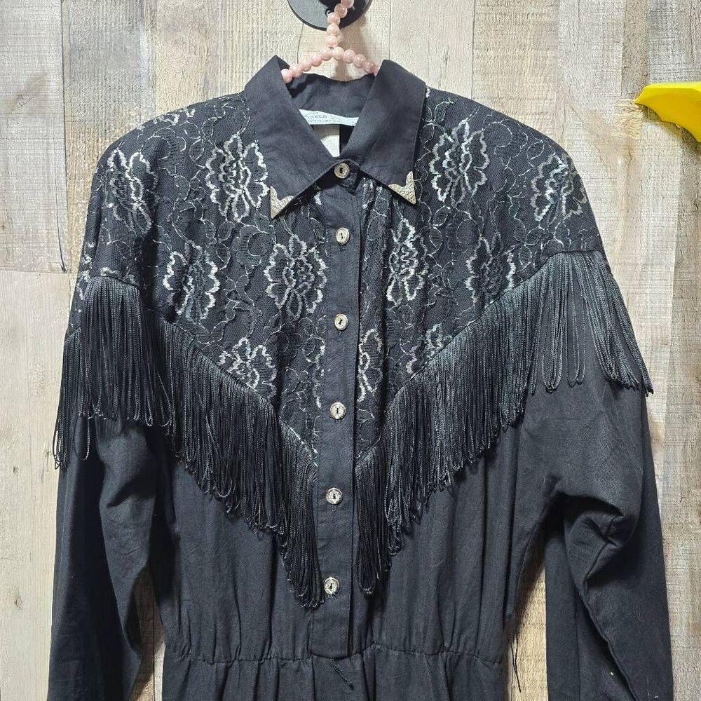 Lilia Smitty Black Silver Floral Embroidered Fringe Dress 16 Rodeo Queen Rockabi - Picture 2 of 7
